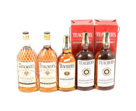 Teachers Highland Cream Scotch Whisky, 5 bottles:2x 1970s bottles in cartons (75 proof, 1L)1x early 1980s bottling, 40%, 75cl