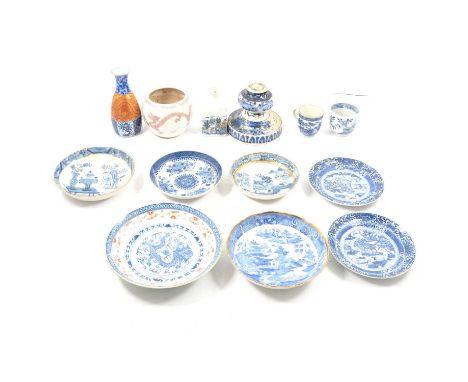 Chinese porcelain taper stick, stepped circular form, 11cm, balue and white teabowls and saucers, craquelure glazed bowl pain