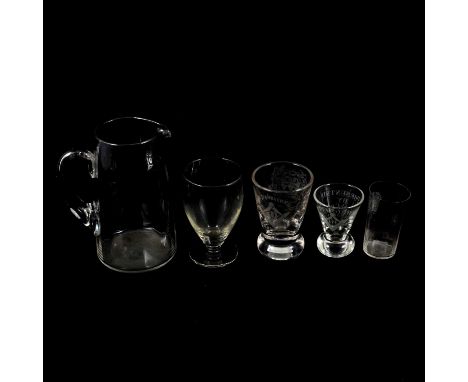 Masonic interest - A Victorian firing glass, funnel shaped, with etched compass and square, inscribed Amity Lodge 171 Present