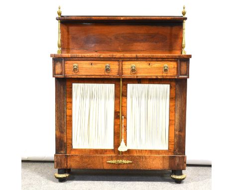 Regency rosewood chiffonier, shelf back, two drawers and two fabric-covered doors under, width 92cm, depth 35cm, height 125cm