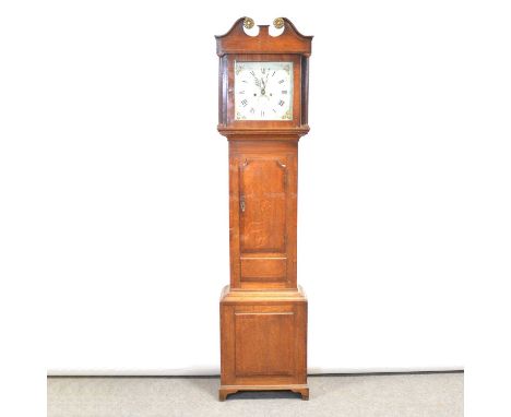 Oak and mahogany longcase clock, the hood with swan neck pediment, turned columns, trunk with short door inlaid with a shell,