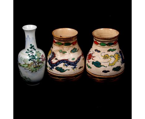 Pair of Chinese pottery vases, ovoid form, crudely painted with dragons, marked, 19cm, Chinese Republic style bottle vase and