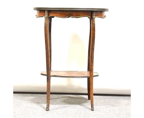 French marquetry etagere, oval top inlaid with flowers, cabriole legs joined by a shelf, gilt brass mounts, 56x36cm, height 7