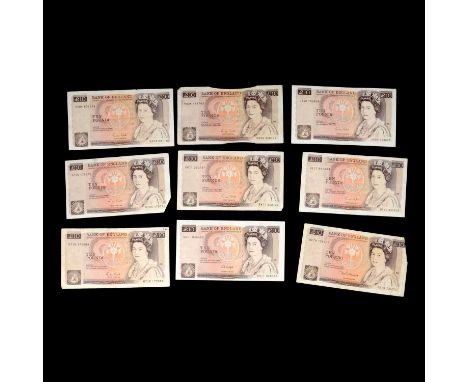 Nine Ten Pound Notes, seven with M Gill, Chief Cashier 1988-91; one D Somerset; and one G Kenfield 1991-98, circulated, soile