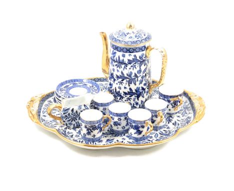 Victorian pottery cabaret set, blue and white printed decoration, including tray, 46cm, coffee pot, six cans and saucers, cre