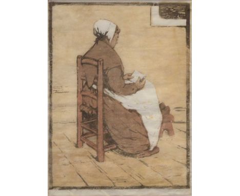 M Deane,Dutch woman,woodblock print, signed in pencil,34x25cm.