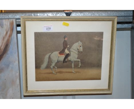 A coloured print depicting horse and rider at the Vienna Riding School