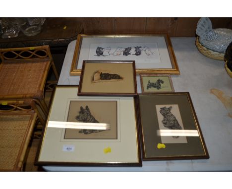 Four coloured prints of Scottish terriers and a humorous limited edition print "Scottish Dancing"