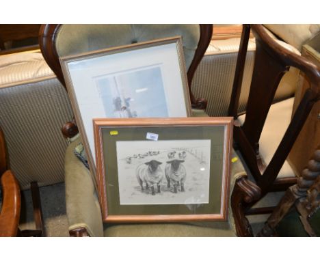 A coloured print "Eel Catcher at Iken" and a picture of sheep limited edition