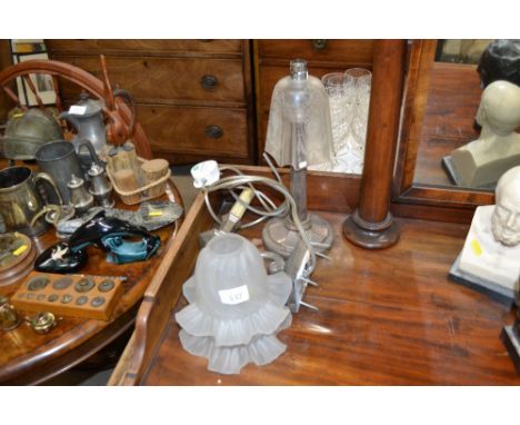 A plated single branch wall lamp with two frosted glass shades and a plated table lamp with shade