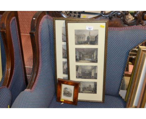 Eight prints contained in two frames and a small faux walnut framed print of "Harrow on the Hill"