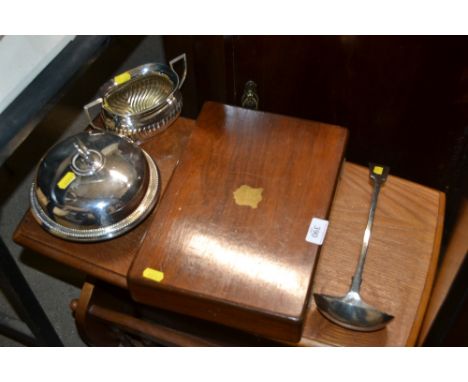 A plated soup ladle; a plated entrée dish; sucrier and a cased set of twelve each mother of pearl handled fruit knives and fo