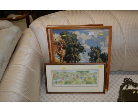Two framed and glazed wool work pictures and a Gordon Green humorous golfing print 