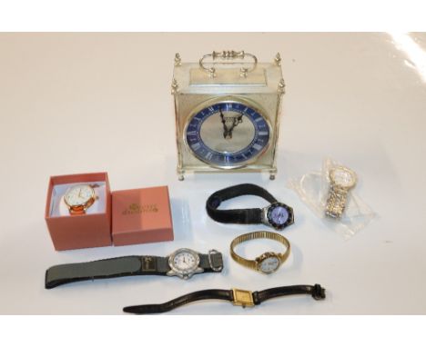 A quartz carriage clock and various watches and time pieces