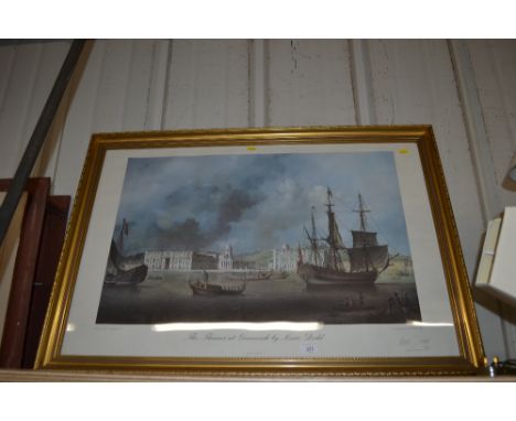 A coloured print after Lewis Dodd, The Thames at Greenwich in gilt frame, pencil signed Limited Edition 151/500