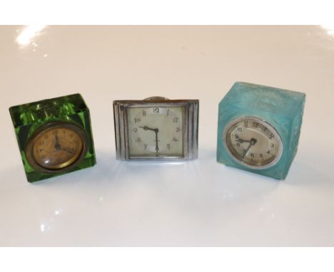 A green glass cased mantel clock marked to the dial "Homoopathie", a blue glass cased clock AF and an art deco chrome cased e