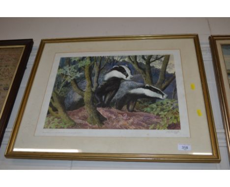C F Tunnicliffe, pencil signed coloured print depicting badgers