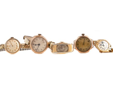 FIVE GOLD CASED LADY'S MANUAL WIND WRIST WATCHES, four marked for nine carat gold and one marked 14K, 68.3g gross (5)