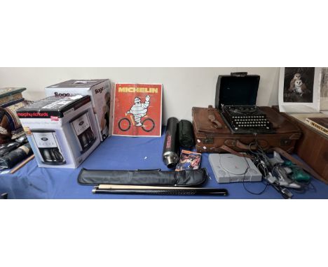 A Michelin double sided tin advertising sign together with a leather case, Imperial typewriter, snooker cue, coffee maker, ju