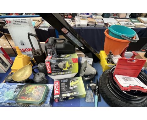 Ryobi tools together with other tools, wheels, axle stands, scales etc 