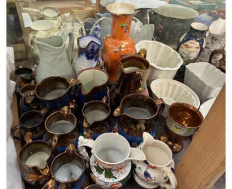 Staffordshire jugs, together with Gaudy Welsh china, Carltonware vase, miscellaneous plates, copper lustre pottery, jelly mou