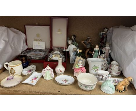 Spode collectors plate and similar chocolate cup, cover and saucer together with Royal Doulton figures, Belleek, Lladro, Capo