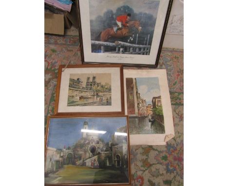3 city scene watercolours and a print of showjumper Harvey Smith