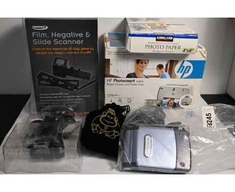 Quantity of filming and camera equipment to include slide scanner, photo paper, hp photosmart printer dock and more&nbsp;
