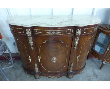 A reproduction French Louis XV style walnut effect marble topped commode