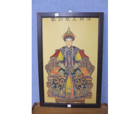 A Chinese overpainted print on silk, portrait of an Imperial Emperor, framed