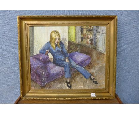 English School (1960's), girl on sofa, signed with initials bp, framed