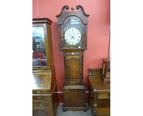 A 19th Century inlaid oak and mahogany 30-hour longcase clock, the dial signed Thomas Hallam, Nottingham, the movement signed