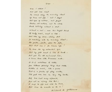 Le Gallienne (Richard) War, one of 50 copies, autograph poem "War" signed by the author loosely inserted, A.L.s. from the aut