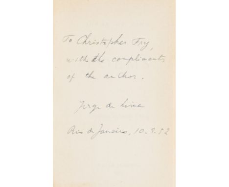 De Lima (Jorge) Poems, first English edition, signed presentation inscription from the author to Christopher Fry, book label 