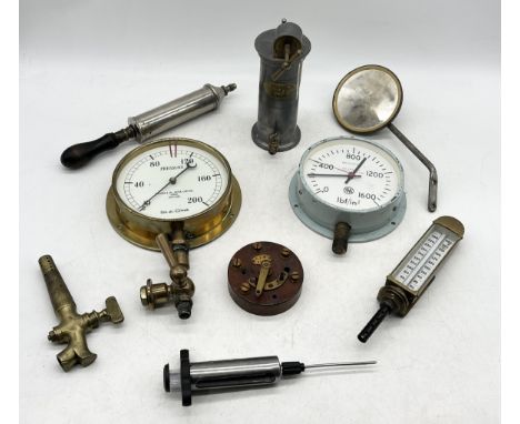 A collection of various items including a pewter Eguisier, pressure meters, thermometer, GPO war issue exchange etc. 