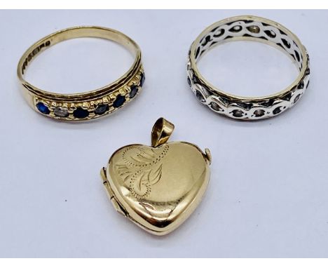 A 9ct gold eternity ring, a 9ct gold half eternity ring along with a 9ct gold locket, total weight 5.5g