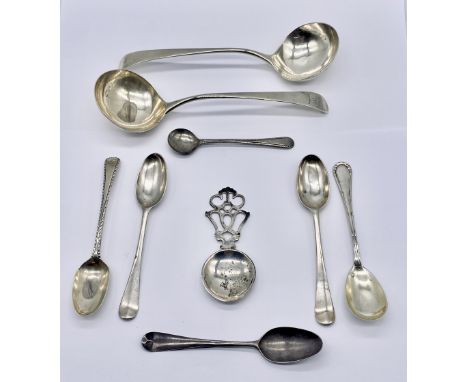 A pair of hallmarked silver ladles (1 A/F), silver caddy spoon and various silver teaspoons- some hallmarks worn, total weigh