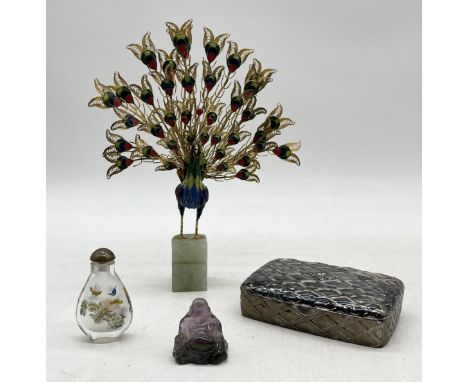 A cloisonne peacock on jade base, glass scent bottle and amethyst quartz seated Buddha etc.