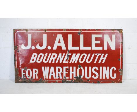 A vintage enamel advertising sign for J. J. Allen, Bournemouth 'For Warehousing' - 76.5cm x 153cm