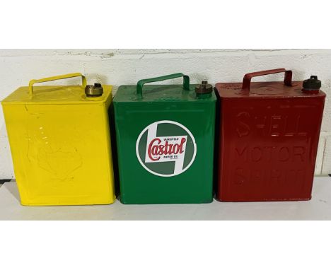 Three painted petrol cans including Shell, BP & Castrol 