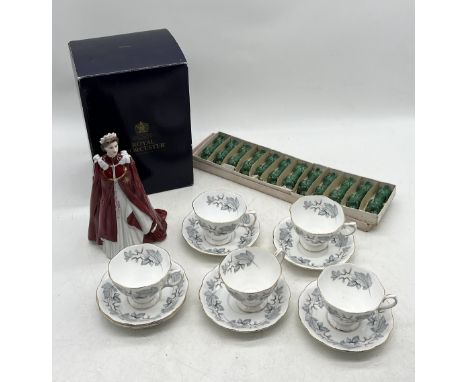 A collection of china including Royal Doulton Queen at 80, Royal Albert part tea set and set of twelve ceramic knife rests in