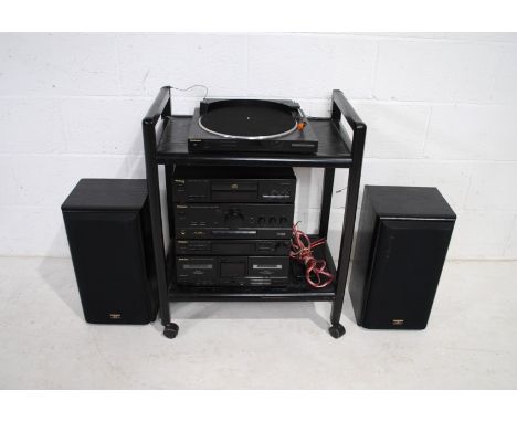 A vintage Technics stacking hi-fi system on a trolley, comprising of an SL-J110R turntable (no top), SL-PJ28A CD player, SU-X