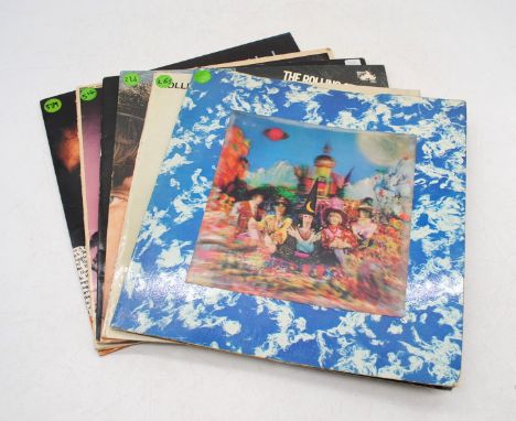 A collection of 12" vinyl record albums by The Rolling Stones and Keith Richards, including 'Her Satanic Majesties Request' e