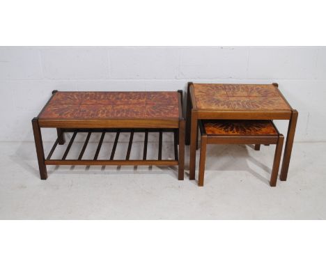 A mid Century nest of two tile top coffee tables, along with one other 