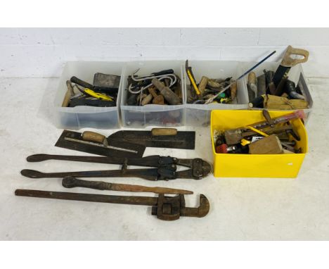 A Record 936 Bolt cutter, a Record 36 wrench along with a selection of hand tools, mallet, saw, clamp, Butchers hooks etc  