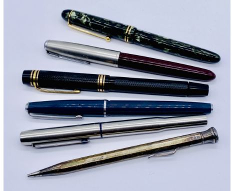 A small collection of vintage pens including an Onoto with 14ct gold nib, Parker and a Sterling silver Eversharp pencil etc.