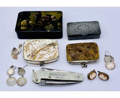 Two small purses, a lacquered snuff box decorated with a tavern scene, a Guide Knife and three pairs of silver earrings etc.