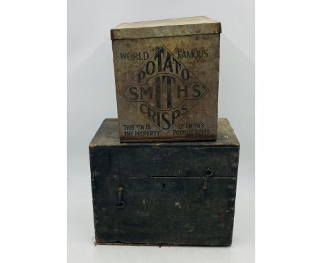 A vintage Smith's Potato Crisps tin, along with a small wooden storage box
