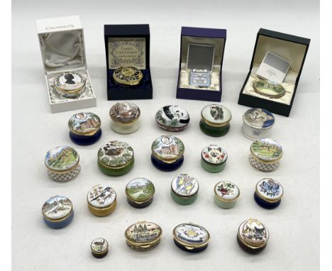 A collection of enamel trinket boxes including Crummles & Co, Toye Kenning & Spencer, Staffordshire, Althorp etc.