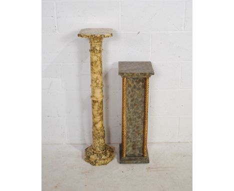 An alabaster plant stand, along with a faux marble pillar - tallest 96.5cm